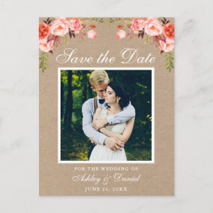 Coral Floral Save the Date Foto Kraft Ankündigungspostkarte