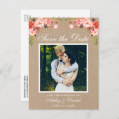 Coral Floral Save the Date Foto Kraft Ankündigungspostkarte (Vorne/Hinten)