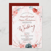 Coral Floral Succulent Marmor Hochzeit Einladung (Vorne/Hinten)