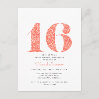Coral Floral Sweet 16 Geburtstag Einladung Postkarte