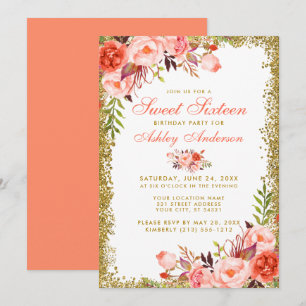 Coral Floral Sweet 16 Gold Glitzer Birthday Einlad Einladung