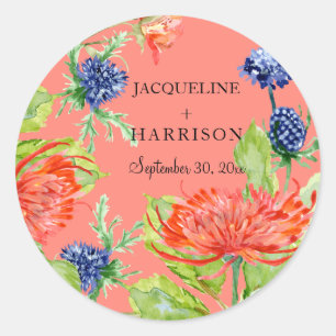 Coral Floral Watercolor Chrysanthemum Thistle Runder Aufkleber