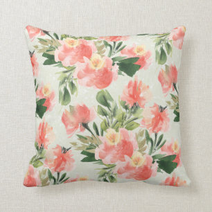 Coral Floral Watercolor Throw Kissen 16x16