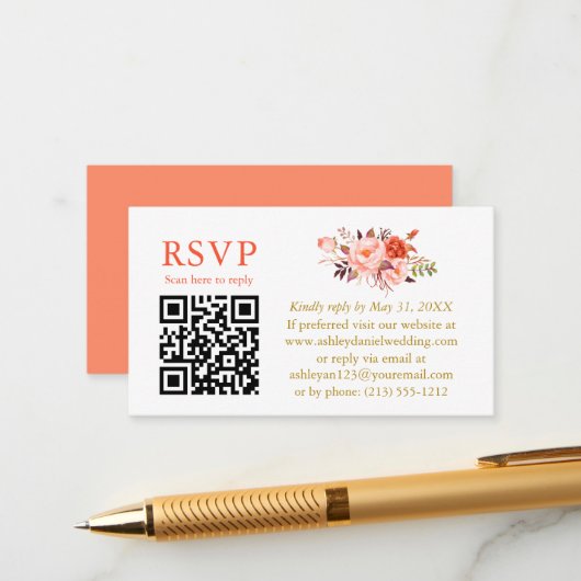Coral Floral Wedding QR Gold UAWG Begleitkarte (Vorderseite/Rückseite Beispiel)
