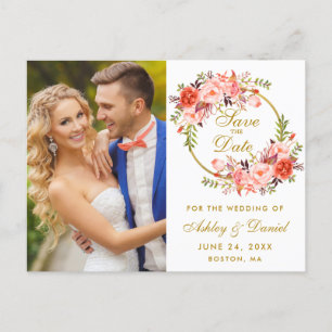Coral Floral Wreath Gold Save the Date Foto Postkarte