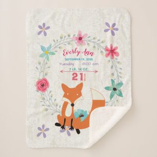 Coral Fox Baby Girl Stats Watercolor Wreath Sherpadecke