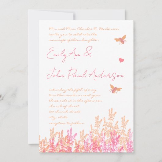 Coral & Fuchsia Blume Bumble Bee Wedding Einladung (Vorderseite)