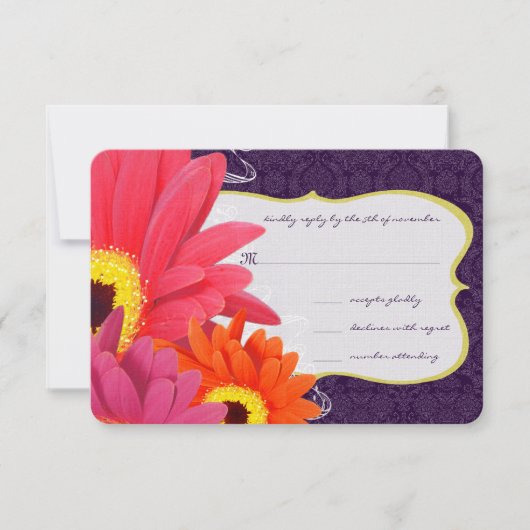 Coral Fuchsia Eggplant Gerber Daisy Wedding RSVP Karte (Vorderseite)