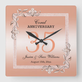 Coral Gem & Glitzer 35. Hochzeitstag Quadratische Wanduhr