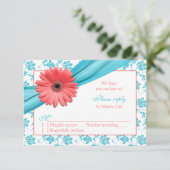Coral Gerber Daisy Aqua Damask Floral Wedding RSVP (Stehend Vorderseite)