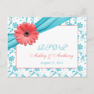 Coral Gerber Daisy Aqua Damask Floral Wedding RSVP Einladungspostkarte