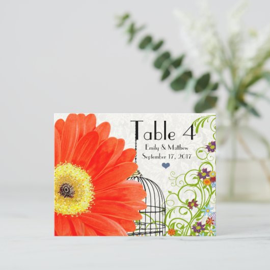 Coral Gerber Daisy Bird Cage Tischnummer (Stehend Vorderseite)
