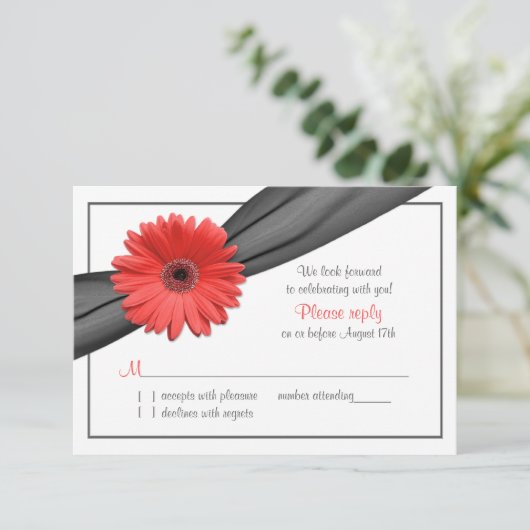 Coral Gerber Daisy Gray Ribbon Wedding RSVP (Stehend Vorderseite)