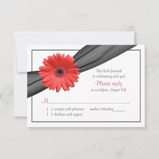 Coral Gerber Daisy Gray Ribbon Wedding RSVP Karte (Vorderseite)