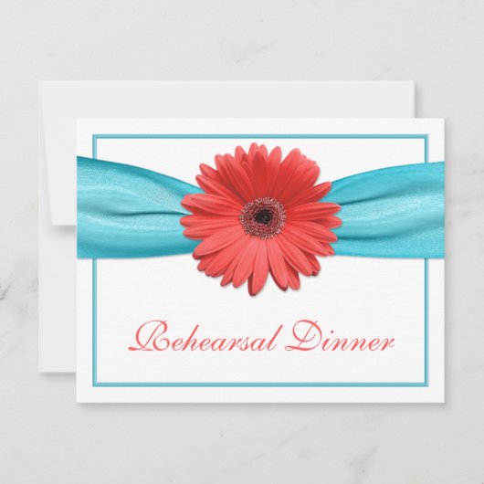 Coral Gerbera Daisy Aqua Ribbon Probe Dinner Einladung (Vorderseite)