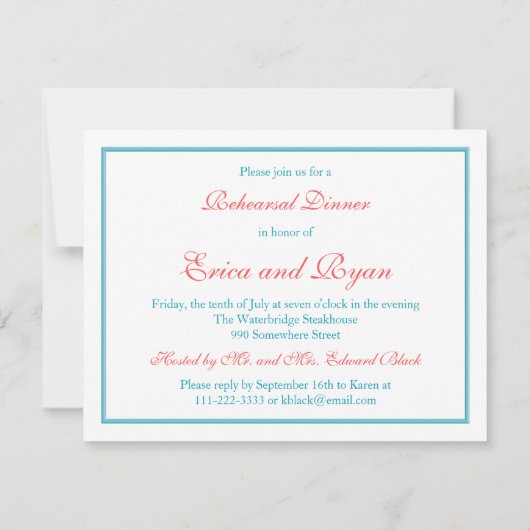 Coral Gerbera Daisy Aqua Ribbon Probe Dinner Einladung (Rückseite)