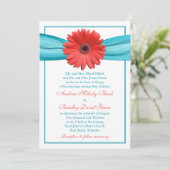 Coral Gerbera Daisy Aqua Ribbon Wedding Einladung (Stehend Vorderseite)