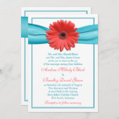 Coral Gerbera Daisy Aqua Ribbon Wedding Einladung (Vorne/Hinten)