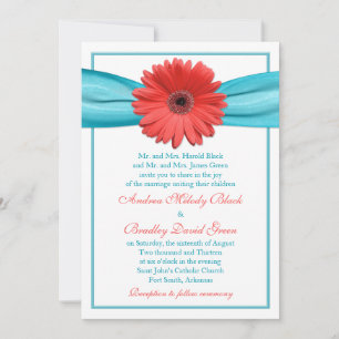 Coral Gerbera Daisy Aqua Ribbon Wedding Einladung