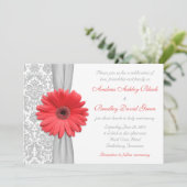Coral Gerbera Daisy Gray Damask Einladung zur Hoch (Stehend Vorderseite)
