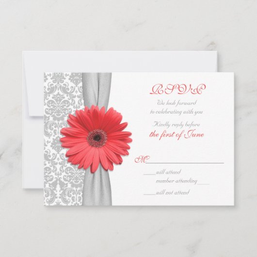 Coral Gerbera Daisy Gray Damask Wedding RSVP Card Karte (Vorderseite)