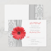 Coral Gerbera Daisy Gray Damask Wedding RSVP Card Karte (Vorne/Hinten)