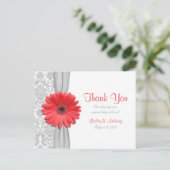 Coral Gerbera Daisy Gray Damask Wedding Vielen Dan Postkarte (Stehend Vorderseite)
