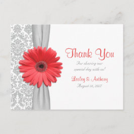 Coral Gerbera Daisy Gray Damask Wedding Vielen Dan Postkarte