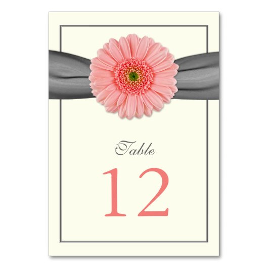 Coral Gerbera Daisy Gray Ribbon Wedding Tischnummer (Rückseite)