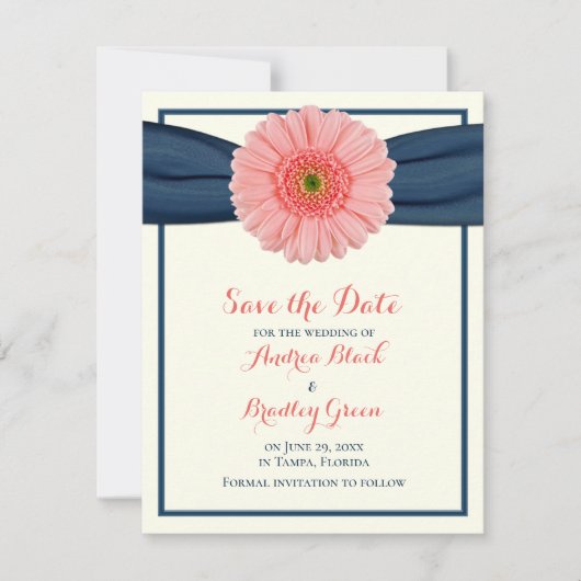 Coral Gerbera Daisy Navy Ribbon Save the Date Card (Vorderseite)