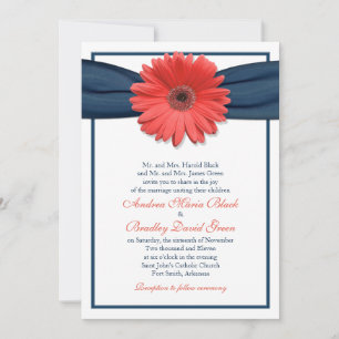 Coral Gerbera Daisy Navy Ribbon Wedding Einladung