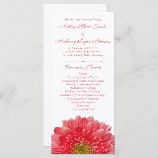 Coral Gerbera Daisy White Wedding Program Programm (Vorne/Hinten)