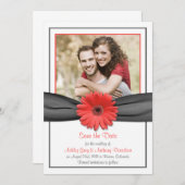 Coral Gerbera Gray Ribbon Wedding Save the Date (Vorne/Hinten)
