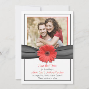 Coral Gerbera Gray Ribbon Wedding Save the Date