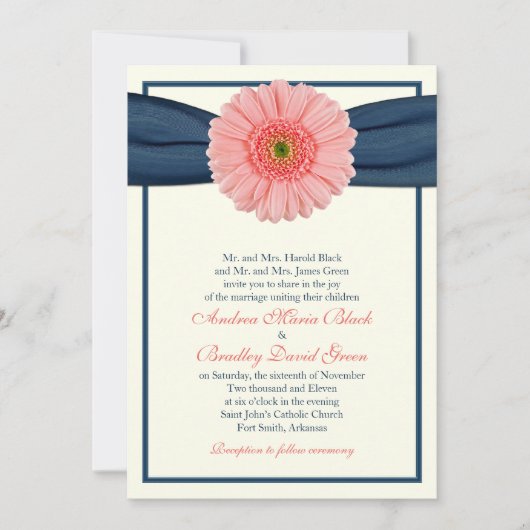 Coral Gerbera Navy Ribbon Wedding Einladung (Vorderseite)