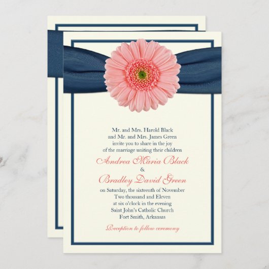 Coral Gerbera Navy Ribbon Wedding Einladung (Vorne/Hinten)