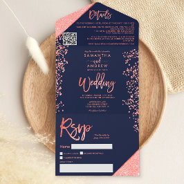 Coral glitter confetti navy blue wedding all in one einladung
