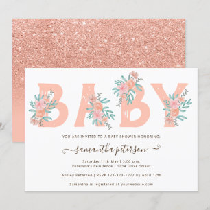 Coral Glitzer Blumenwasser-Farbbrief Babydusche Einladung
