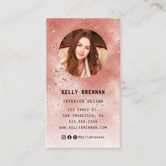 Coral Glitzer Foto Business Card mit QR Code Visitenkarte (Vorderseite)