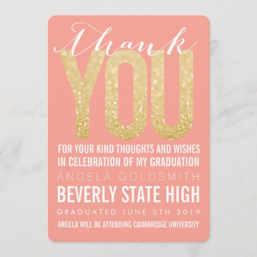 Coral Glitzer Typografie Abschluss Danke Karte (Vorderseite)