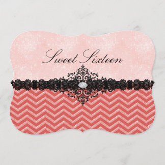 Coral Glitzer Zickzack & Damask Sweet16 Einladung