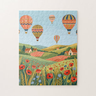 Coral & Gold Ballon-Puzzle – Mohnfeld-Kunst Puzzle