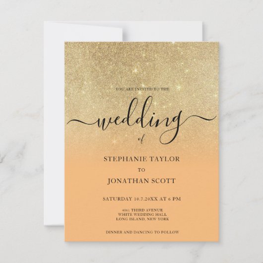 Coral gold Glitzer Black Script ombre Hochzeit Einladung (Vorderseite)