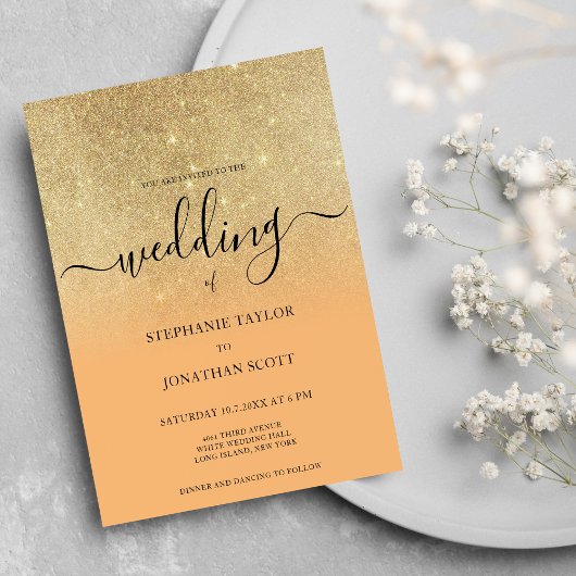 Coral gold Glitzer Black Script ombre Hochzeit Einladung