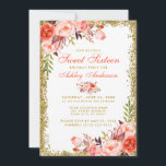 Coral Gold Glitzer Floral Sweet 16 Geburtstag Einl Einladung<br><div class="desc">Aquarellkorallenflorale und Gold Glitzer 16 . Geburtstag Geburtstagsparty Einladungskarte</div>