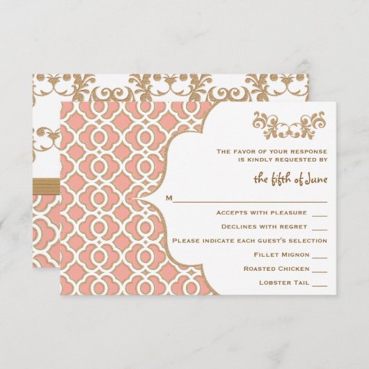 Coral Gold marokkanische Hochzeitungs-RSVP-Reaktio RSVP Karte (Vorne/Hinten)