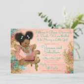 Coral Gold Mint Green Ribbons Bows Diamonds Pearl Einladung (Stehend Vorderseite)