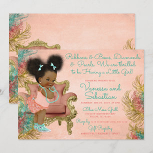 Coral Gold Mint Green Ribbons Bows Diamonds Pearl Einladung