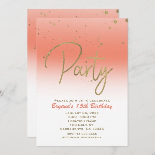 Coral & Gold Modern Glam Confetti Geburtstagsparty Einladung (Vorne/Hinten)