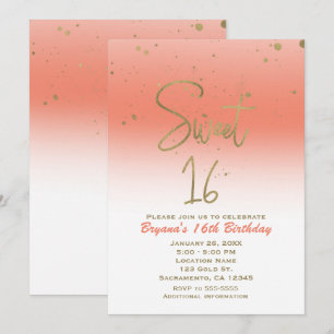 Coral & Gold Moderne Glam SWEET 16 Geburtstagspart Einladung